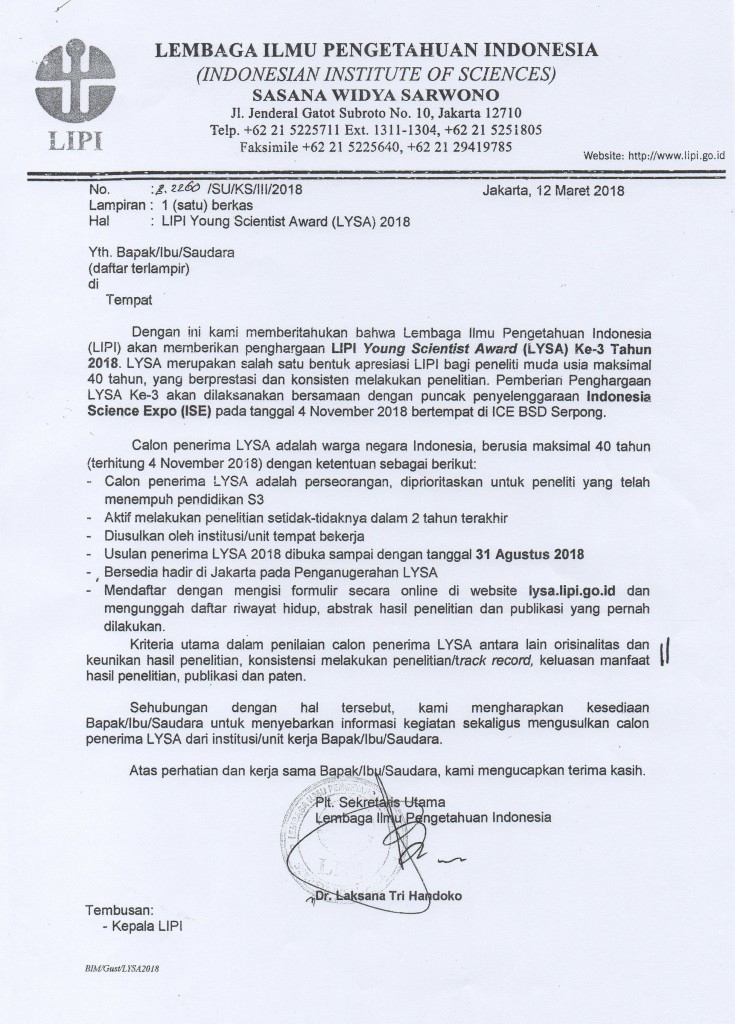 LIPI Young Scientist Award (LYSA) 2018